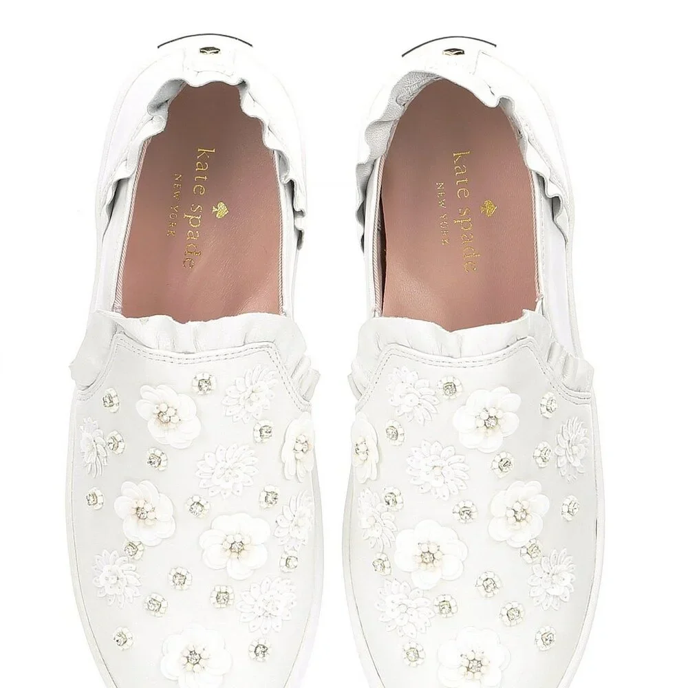 Kate Spade NEW Sneakers Embellished Leather Slip-on White Women's 9.5 NIB - Picture 4 of 17